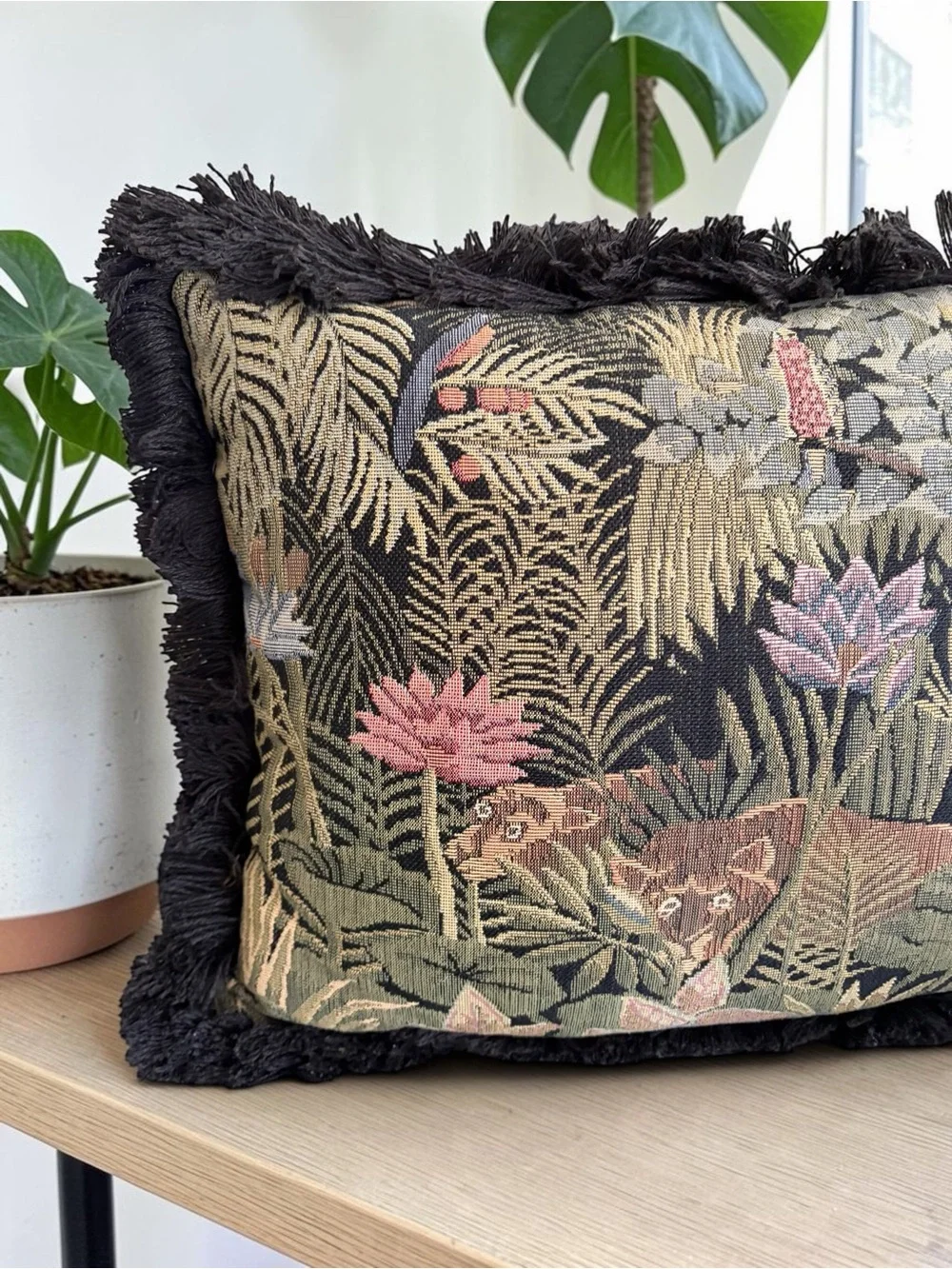 Vintage Black Floral and Animal Tapestry Accent Pillow
